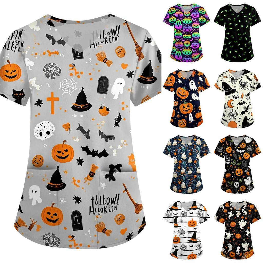 Women's Halloween Print Loose Fit V Neck Short Sleeve Medical Scrub Top Nurse Uniform Work Shirt with Pockets for Caregivers