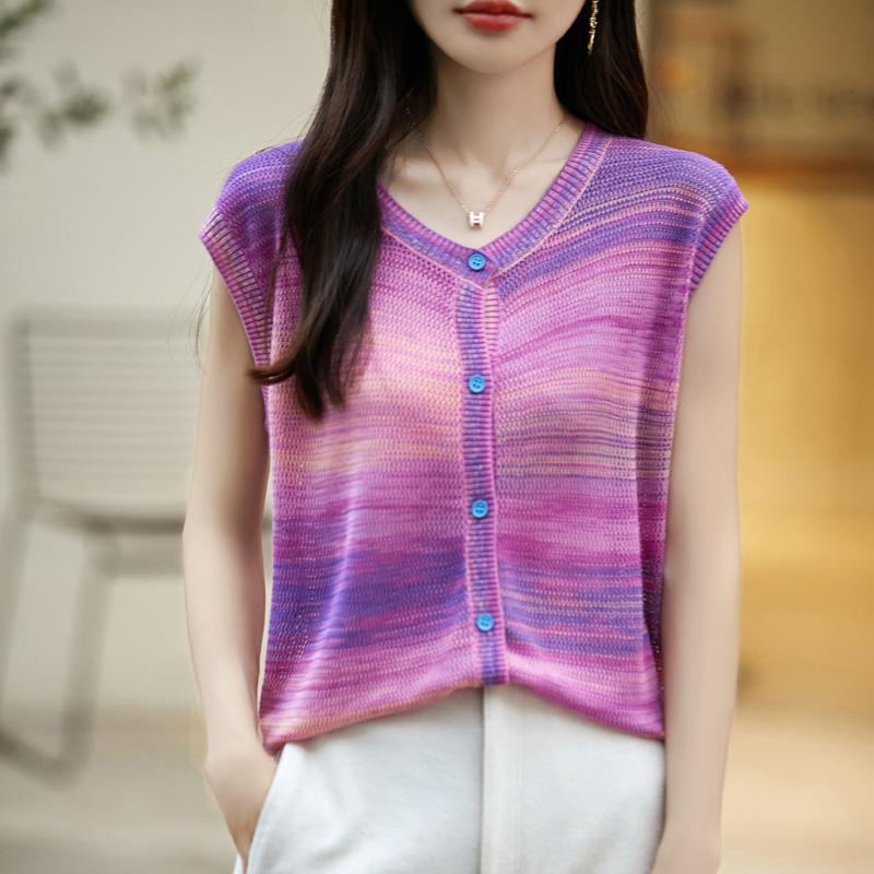 Women's wool sleeveless cardigan Qinghe cashmere 50% silk 50% wool spring and summer wool short sleeve sleeveless vest soft and comfortable