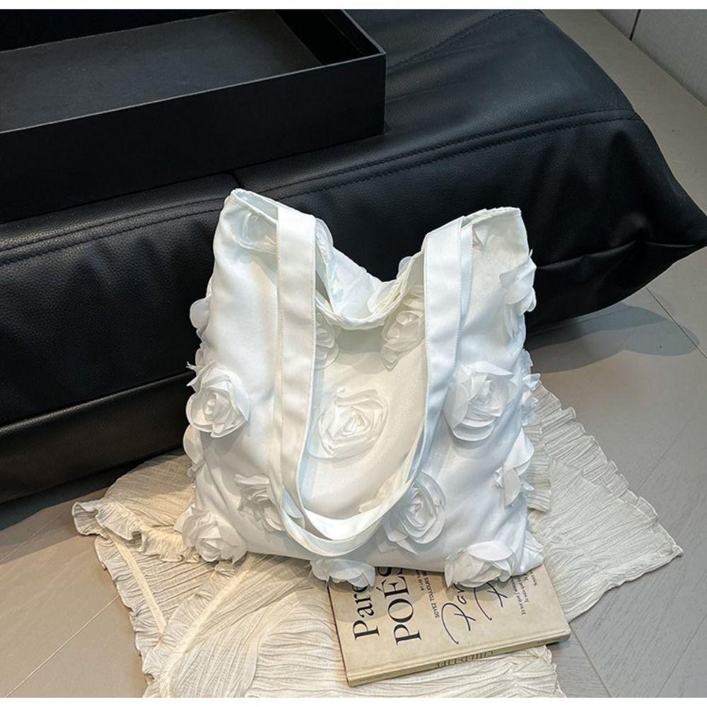 Lightweight Flower Tote Bag Large Capacity Nylon Cloth Handbag Casual Canvas Bag Vacation