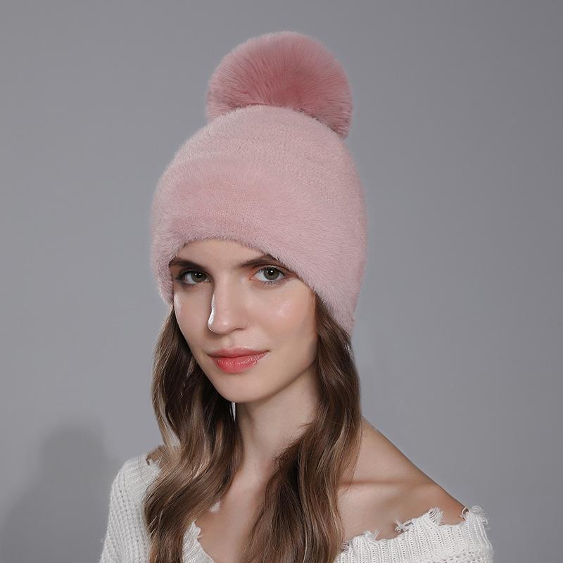 Cappello invernale da donna caldo e spesso in maglia con imitazione di pelo di coniglio