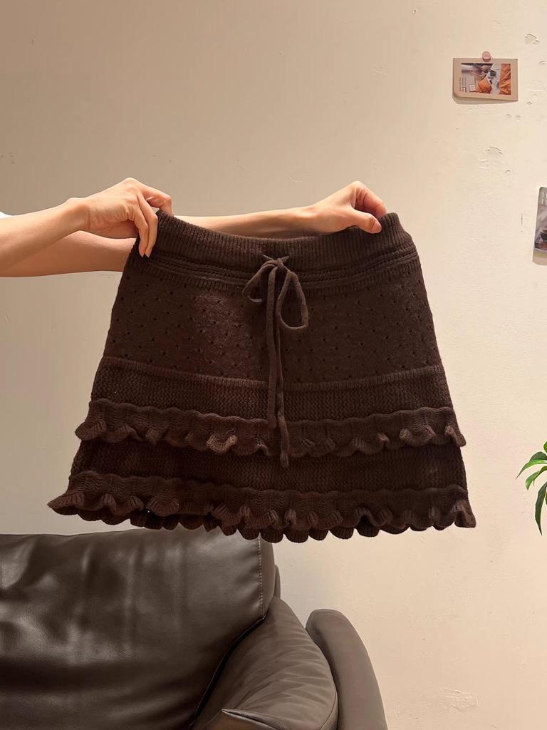 Korejská krajková pletená áčková sukně s volánky - Dámská krátká zúžená sukně s vysokým pasem pro podzim/zimu