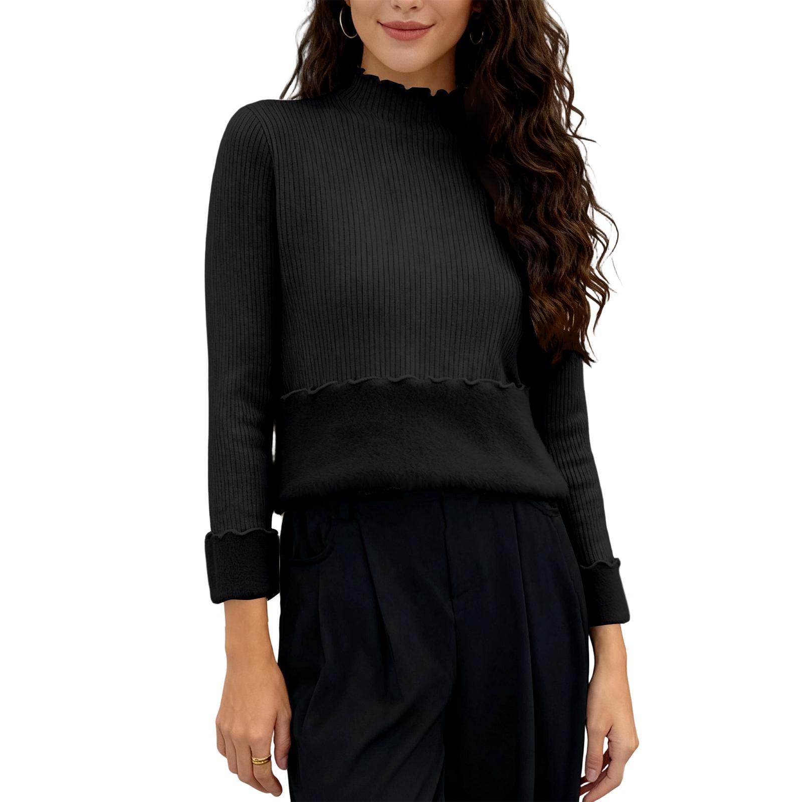 

Women s Fashionable And Casual Solid Color Long Sleeve Fleece Lined Base Layer Top One Size чорний