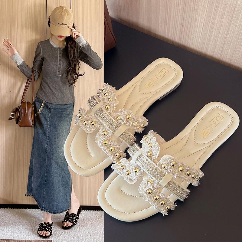 Seaside Beach Versatile Pearl 2025 Flat-bottomed Slippers Women Wear Sandals Fairy New Soft Bottom Small Fragrant Summer