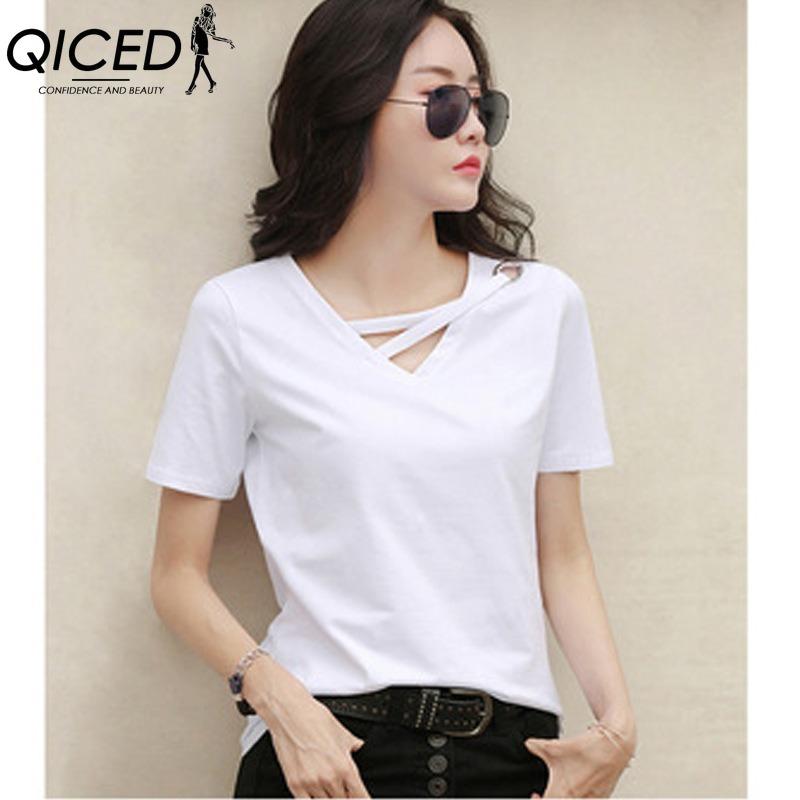 QICED Women's Fashion Casual Solid Color Print Short Sleeve V Neck Blouses & Shirts