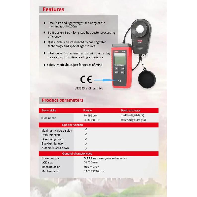 UNI-T UT383S Light Meter Luxmeter Digital 200,000 LUX Luminance Lux Fc Test Max Min Illuminometers Professional Photometer