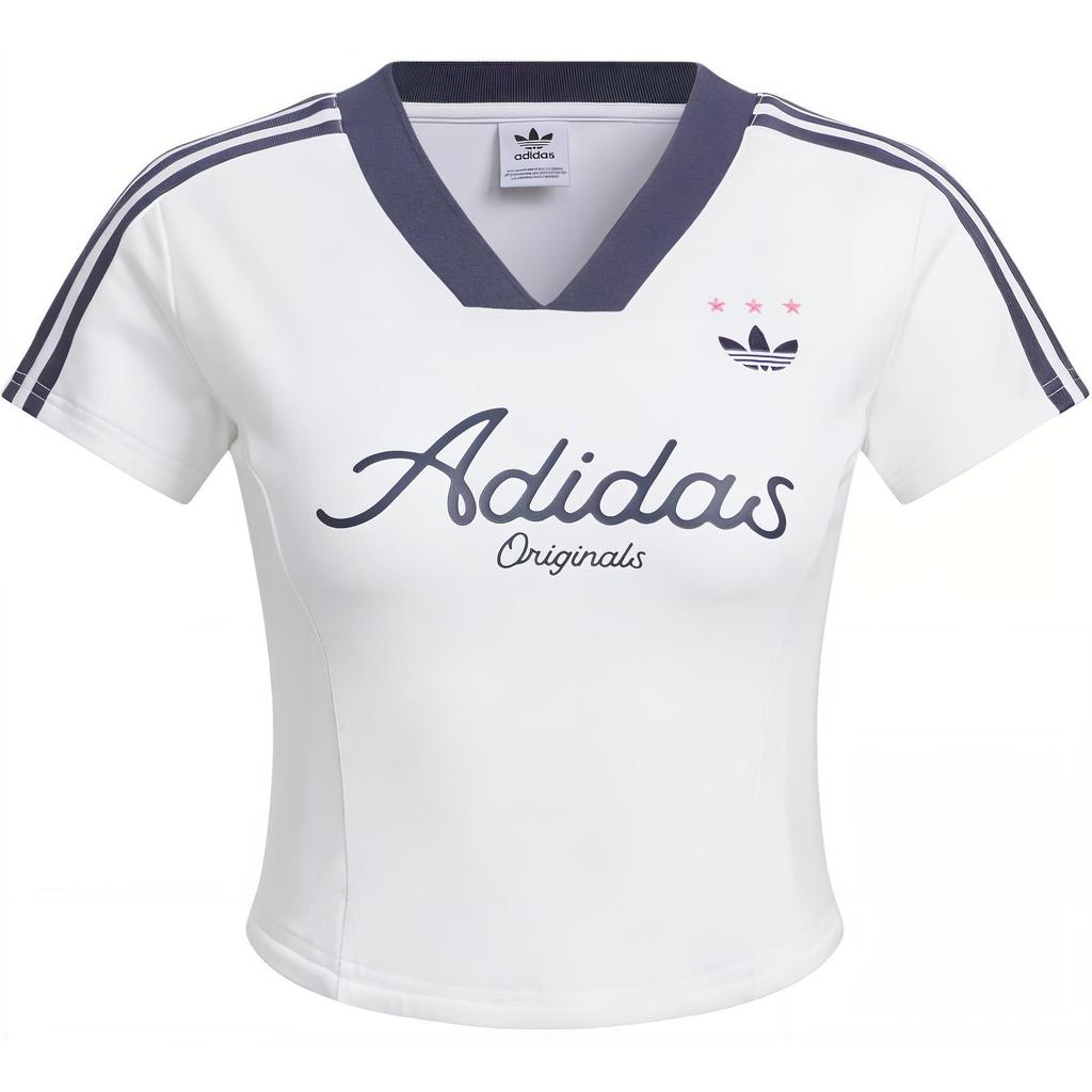 Adidas Originals Crop Jersey T-Shirt Color Block Striped Letter Print Sports Short Sleeve T-Shirt Women Tops White JD1130