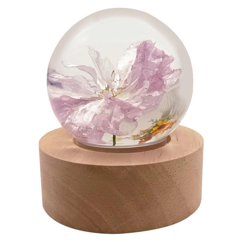 Touch Dimmable Crystal Ball Lamp with Creative Resin Flowers for Mid-Autumn Festival