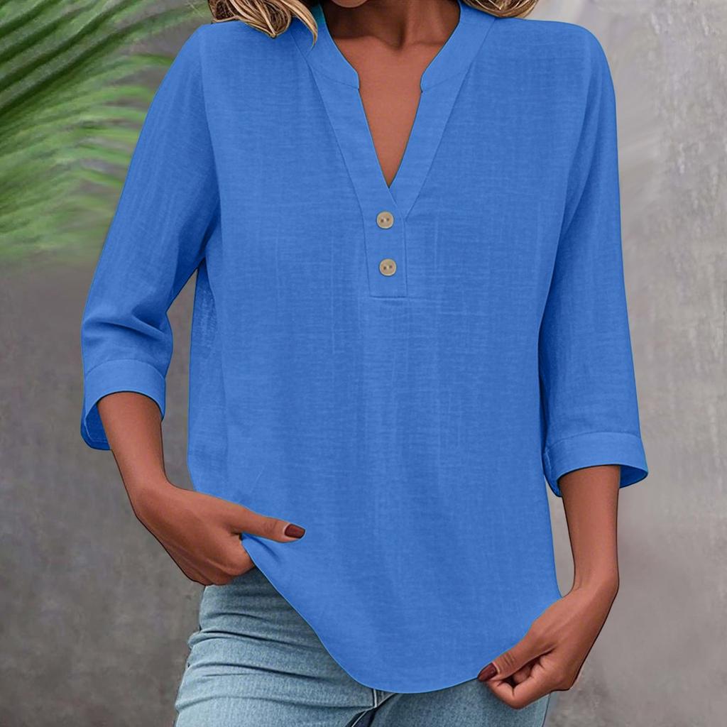 Women's Fashion Solid Color Three-quarter Sleeve Stand Collar Casual Pullover Shirt