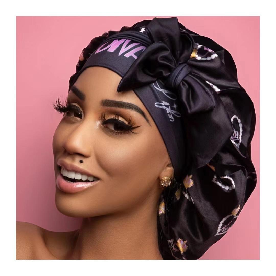 Popular Private Label Satin Bonnets With Ties Women Fashion Bonnets and Satin Hair Wraps чёрный