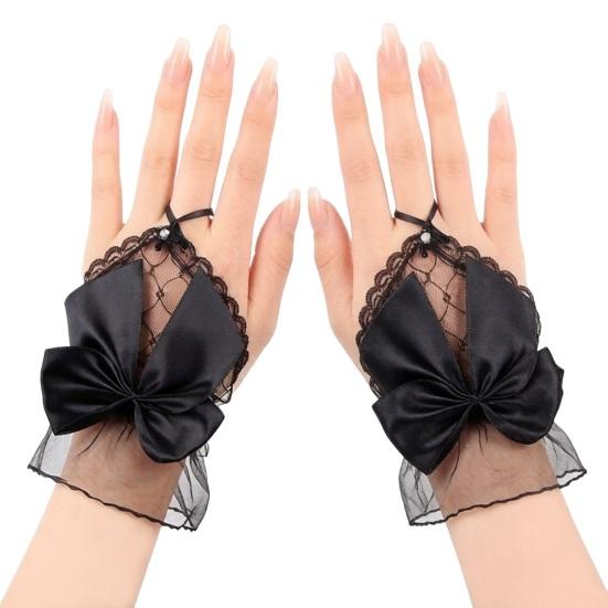 Women Lace Gloves Fingerless Mesh Gloves with Bow Embellishment for Wedding Princess Style Stage Performance Ballet Party Cosplay Bridal Accessories