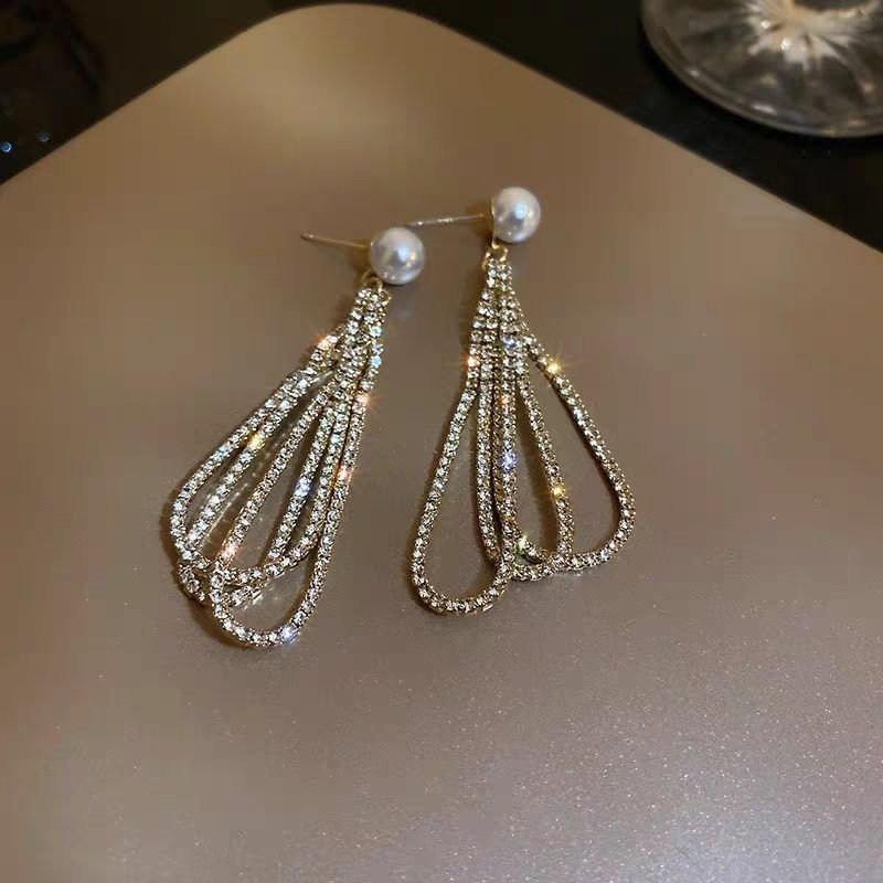 Korean Long Tassel Pearl Dangle Earrings for Women Luxury Full Rhinestone Gold Drop Earrings Wedding Party Jewelry Gift