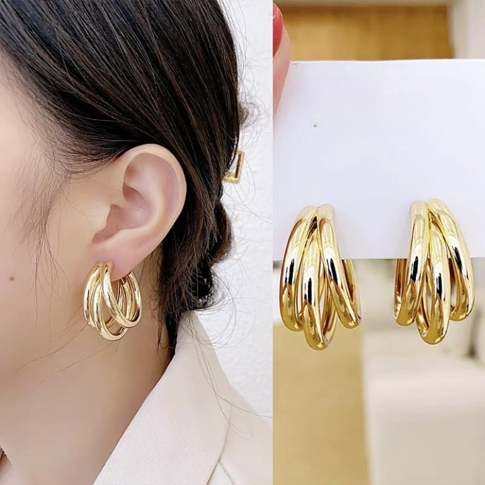 New Arrival Fashion Gold Color Metal Geometry Multi-layer Circle Dangle Earrings for Women Charm Design Korean Jewelry Accessory