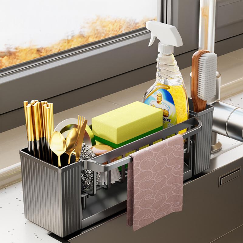 Küchenreinigungsgeräte Abtropfgestell Reinigungsschwamm Reiniger Aufbewahrungsgestell Kunststoff Multifunktional Geschirrtuch Stange Besteckhalter