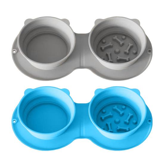 Folding Silicone Pet Bowl Non-slip Anti-Choking Dual Feeding Bowl Small Medium Large Dogs Slow Feeder Portable Dry Wet Food Water Bowl