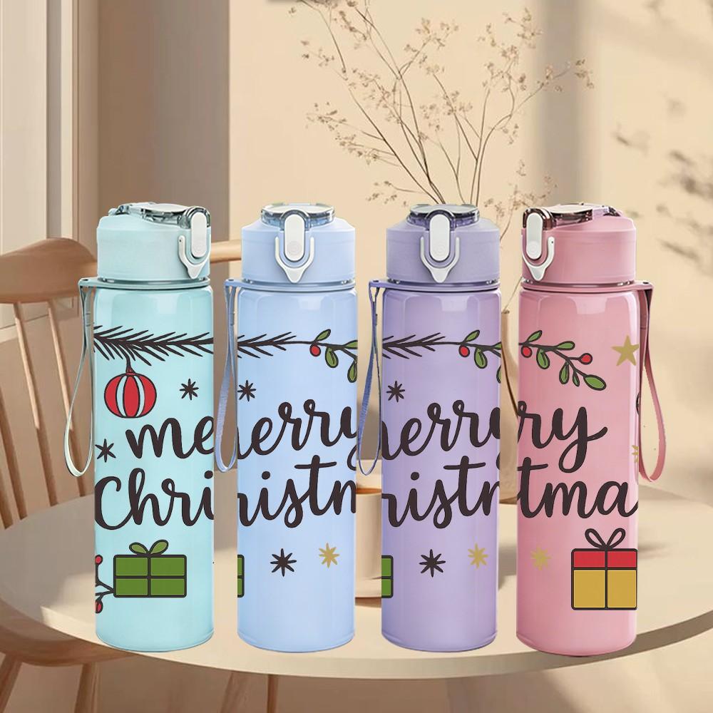 1PC Merry Christmas Gift Pattern 750ml Color Plastic Sports Water Bottle Leakproof Flip Straw Lid Suitable for Sports Office Home Use