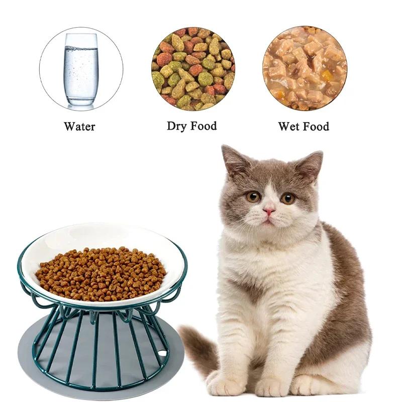 Ceramic Pet Bowl Cat Food Feeding Double Dish Stainless Steel Raised Stand Kitten Dog Water Feeder Durable Pet Accessories