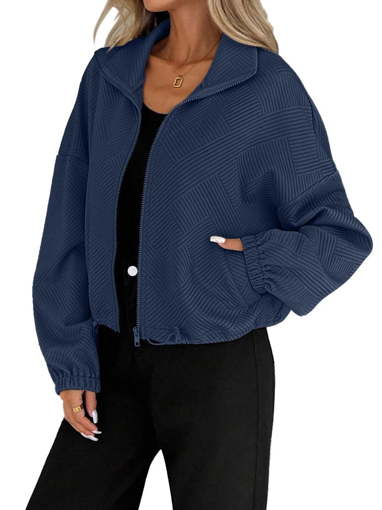 Fall Winter High Neck Zipper Drawstring Pocket Women Loose Baseball Jacket Coat