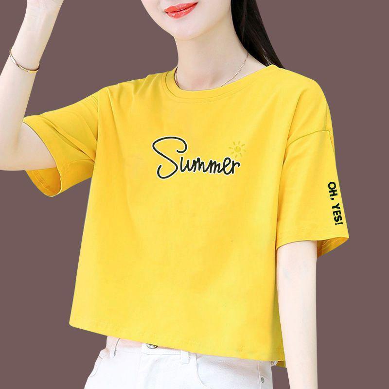 Damski bawełniany T-shirt retro o luźnym kroju z krótkim rękawem i wyszczuplającym okrągłym dekoltem