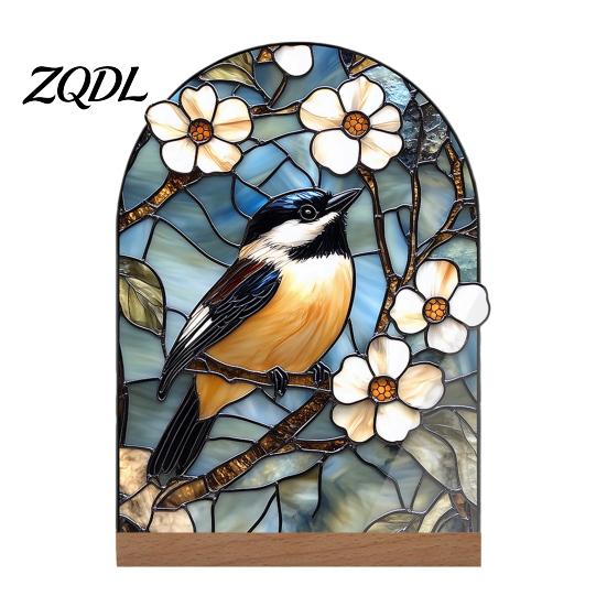 Artistic Tabletop Accents Stained Glass Style Acrylic Table Centerpieces, Floral & Landscape Pattern Exquisite Room Decor Sign with Wood Base for Home