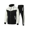 Terno masculino de 2 peças com bloco de cores e capuz, zíper, jaqueta casual respirável e cinto casual esportivo