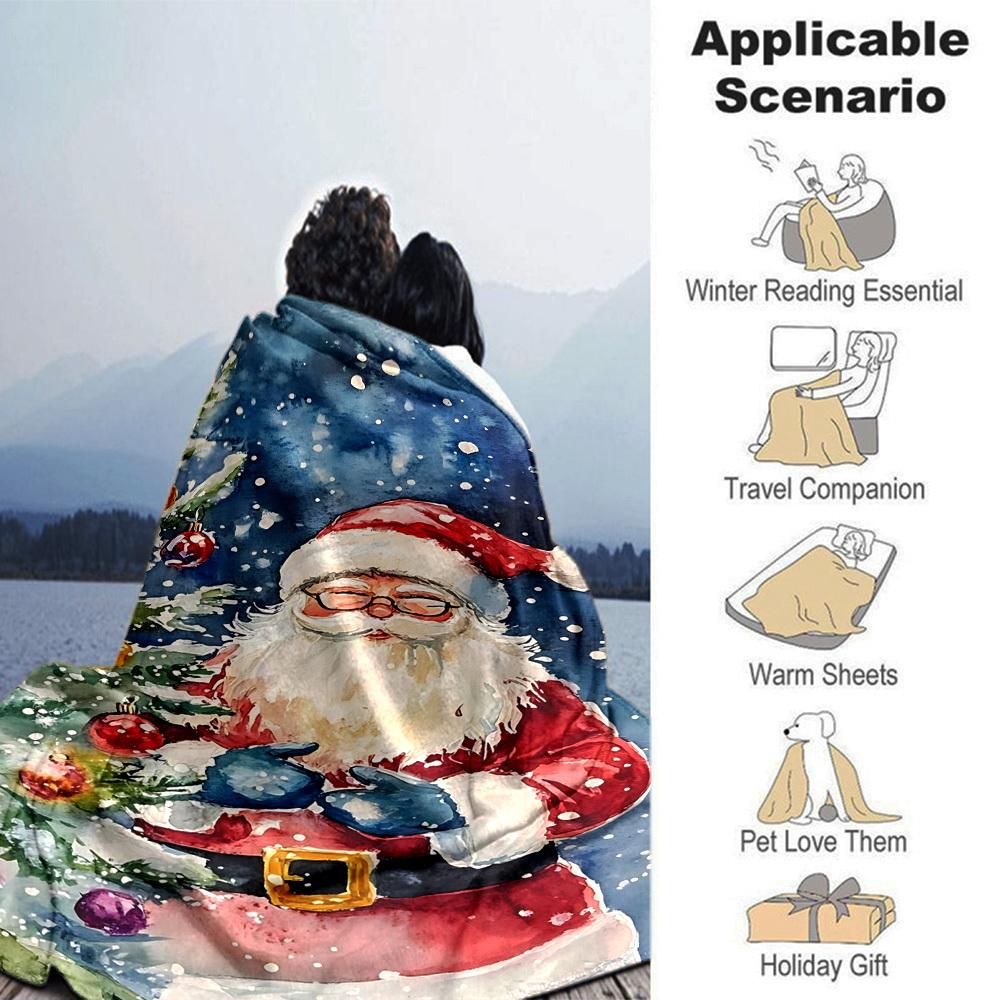1pc Santa Claus Christmas Tree Blanket Lightweight Flannel Throw for Sofa Bed Travel Camping Livingroom Office Couch Chair