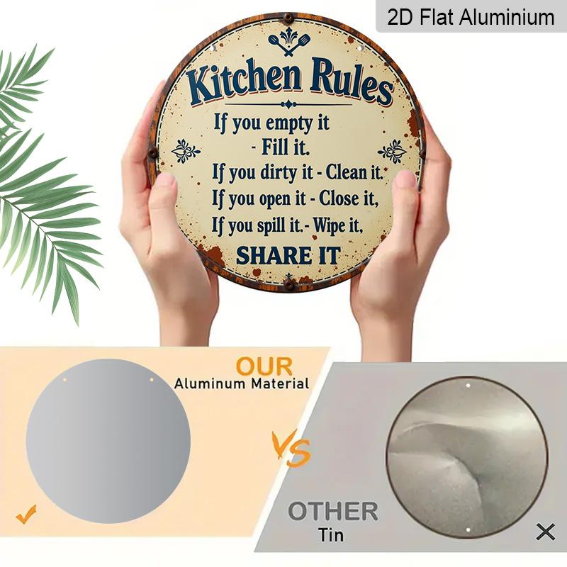 2D Flat 1pc, 8x8 in Printed Aluminum Metal Sign, Featuring Kitchen Rules Design, Round Aluminum Wall Art, Suitable for Decorating Patios, Porches