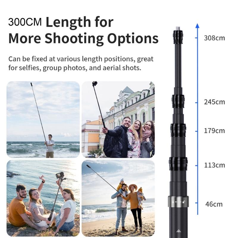 Bastone Selfie Telescopico da 300cm Design in Fibra di Carbonio 5 Lunghezze Regolabili per Accessori di Montaggio Telecamere Sportive