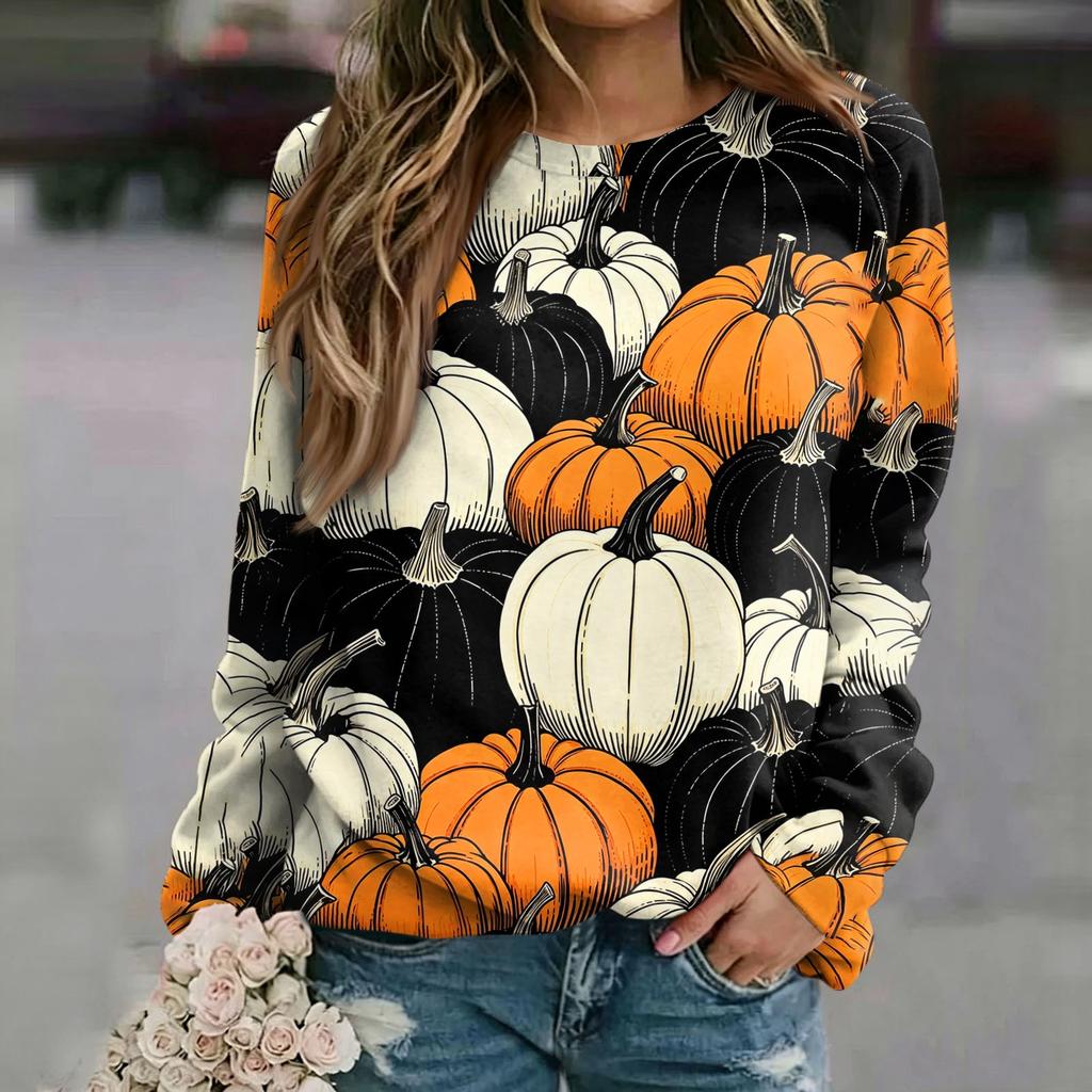 Women's Casual Neck Long Sleeve Raglan Halloween Print Sweatshirt