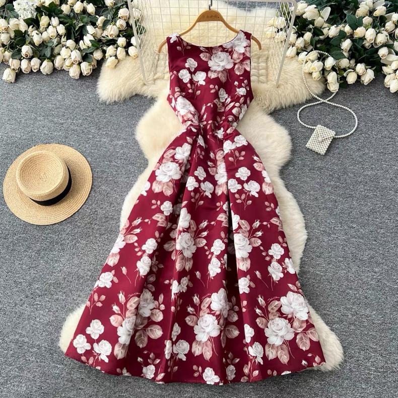 Robe sans manches à col rond imprimé style européen américain pour femmes, haut de gamme, niche, fête d'anniversaire, taille ajustée, bouffante, maxi