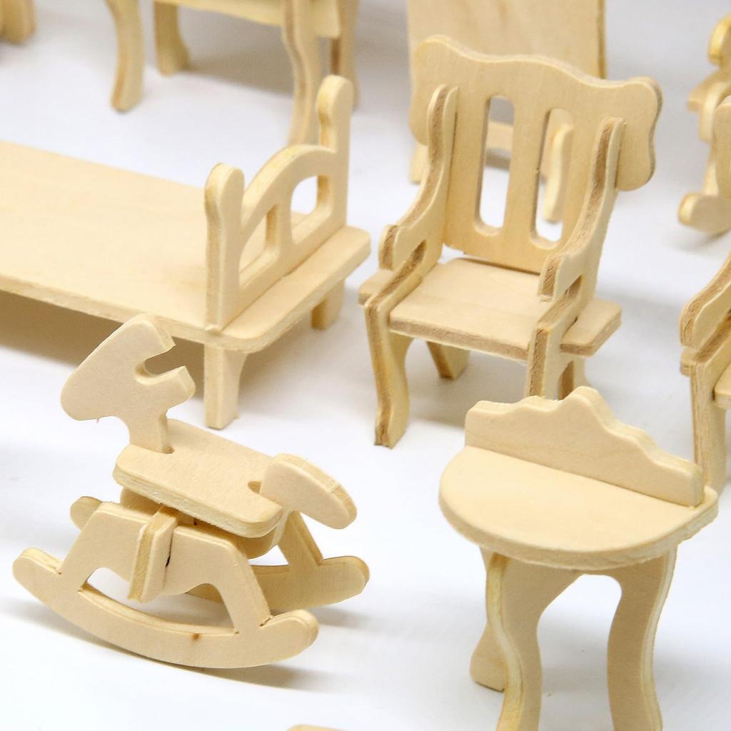 CUTEROOM Dollhouse Miniature Furniture 34-Piece Laser-Cut Wooden 3D Puzzle for Kids Educational Toy