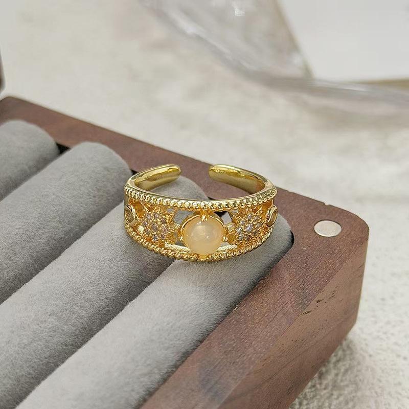 Diamond-Set Retro Light Luxury High-End Medium And Ancient Style Imitation Opal Opening Adjustable Ring Ring