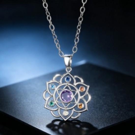 Seven Chakra Lotus Gemstone Necklace for Women Niche spiritual retro hollow flower pendant