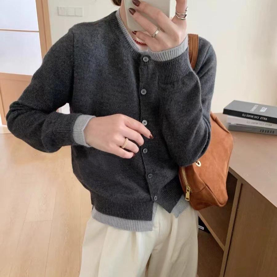 

Autumn Winter Korean Color Block Fake Two Piece Knit Cardigan Coat Preppy Style Sweater Women One size