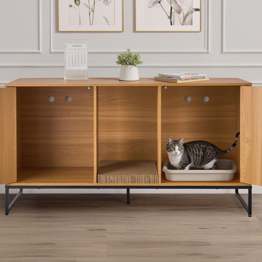 VEVOR Cat Litter Box Enclosure Furniture, 120 Cm Hidden Litter Box Cabinet with Scratch Pad & Storage