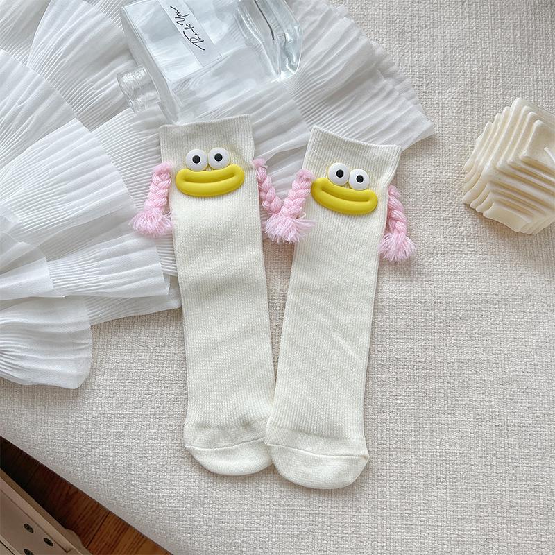 Girls' Cute Pink Knee-High Slouch Socks with Quirky Braids - Summer Thin Edition