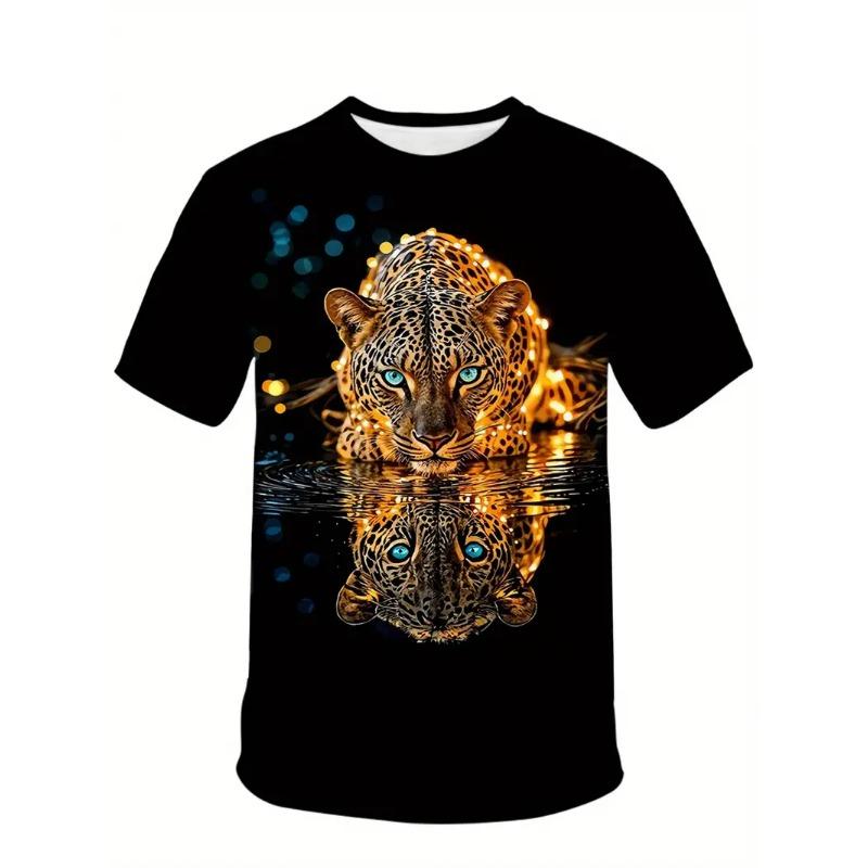 Men's Leopard Print T-shirt Sports Short Sleeved Crew Neck T-shirt for Summer Outdoor Fitness Workout Men's Clothing