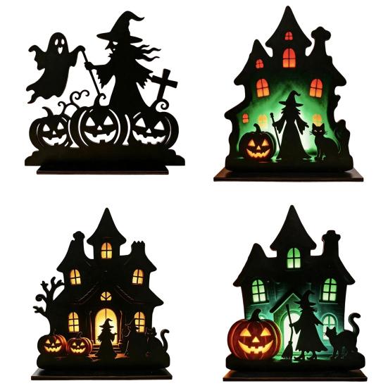 DYS Witch Wooden Table Centerpiece, Spooky Castle Black Cat Standing Tabletop Ornament for Halloween Party, Desk Tiered Tray Decor