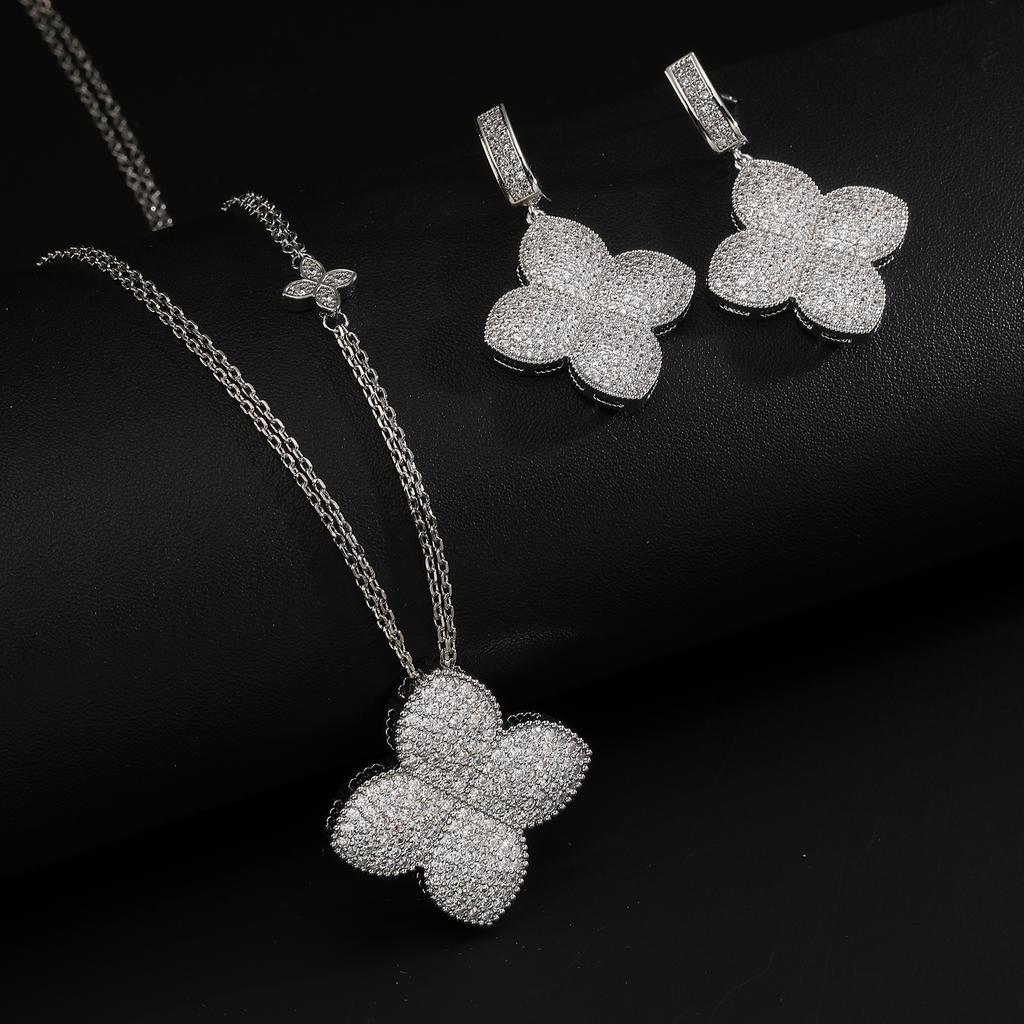 Gold Plated Iced Out Four Leaf Clover Necklace Earrings Set for Women, Luxury Full Pave CZ Quatrefoil Pendant Statement Jewelry,