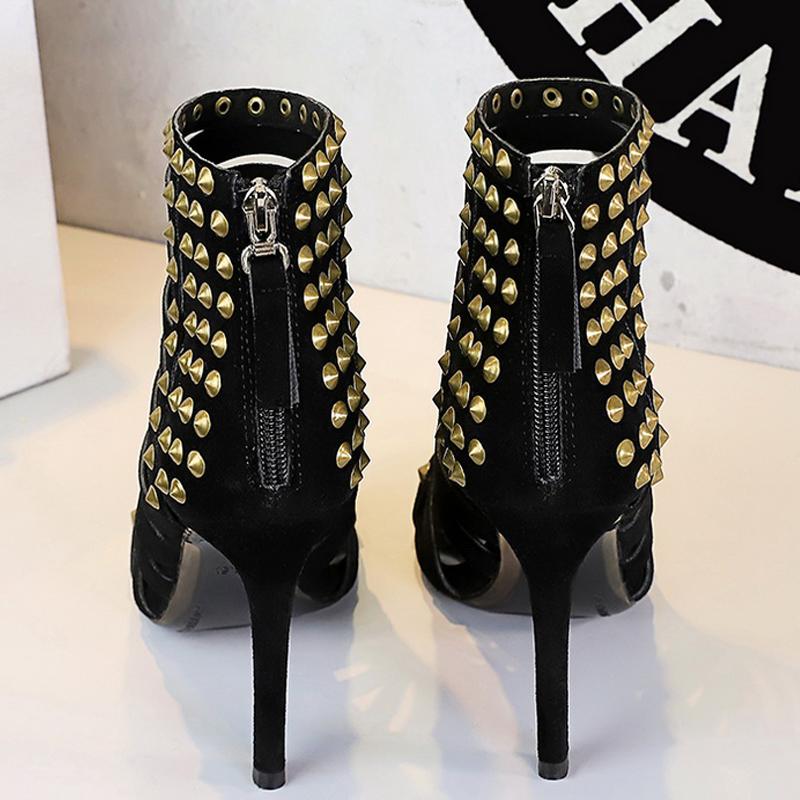 Retro Roman Sandals Women shoes Rivet design heeled sandals Rear zipper Sexy high heels Stiletto 11 cm Hollow out Summer Shoes