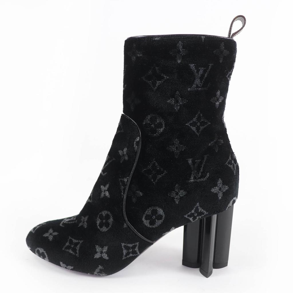 Excellent LOUIS VUITTON short boots Silhouette Line Monogram Velour black 37.5 Used
