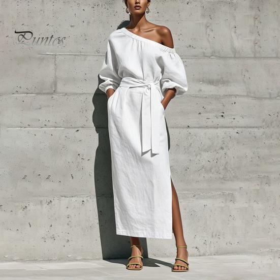 Summer Maxi Dress Women One Shoulder Long Dress, Solid Color Tie Waist Side Split Casual Party Sleeve for Dresses