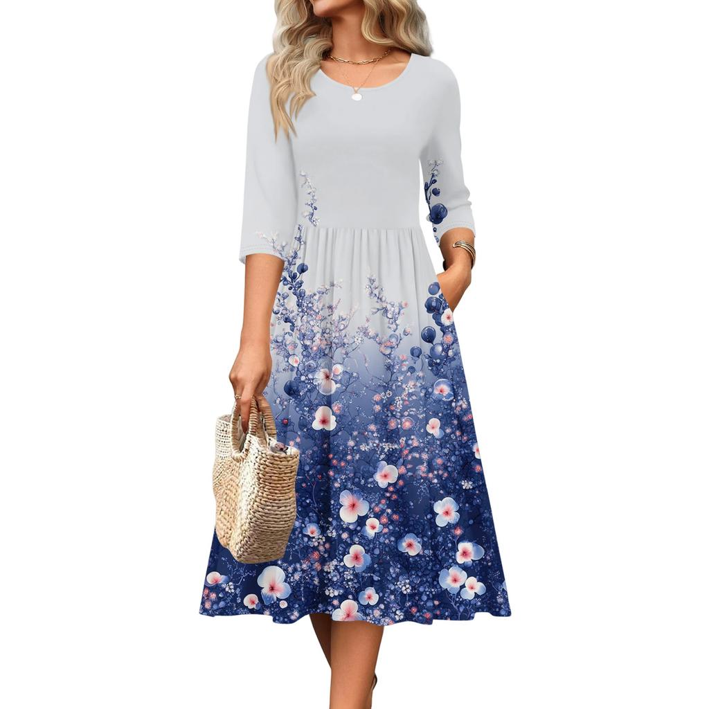 Rochie de damă cu mâneci 3/4, casual, fluidă, în A, midi, tip tricou, cu buzunare, cu gât rotund, pentru vacanță, boho, de plajă, de vară