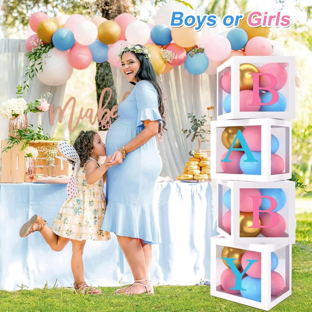 Baby Gender Reveal Party Decorations - Pink Blue Balloon Arch Garland Kits With 4pcs Baby Boxes, Gender Reveal Backdrop and Tablecloths for Baby