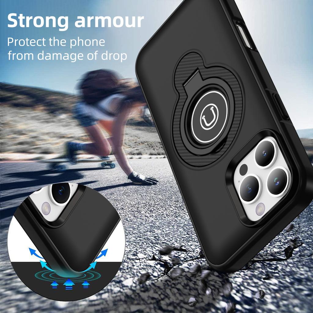 For iPhone 16 Pro Max Case TPU+PC Magnetic Car Mount Phone Cover with Ring Kickstand