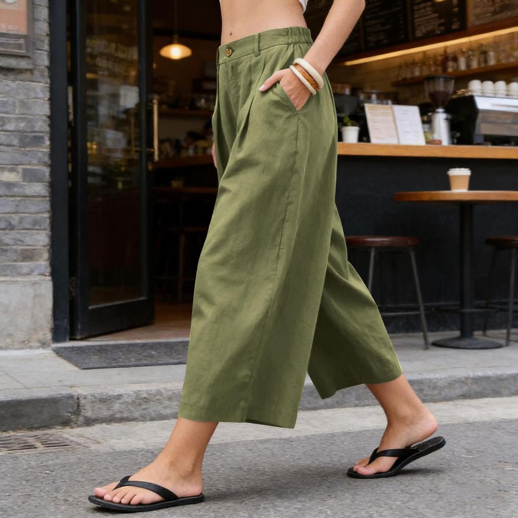 Women’s Casual Loose Fit Cropped Pants with Pockets Relaxed Mid Waist Wide Leg Seven Quarter Length Trousers for Everyday Wear