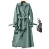 Women Mid Length British Style Plaid Trench Coat Long Sleeve Casual Outerwear