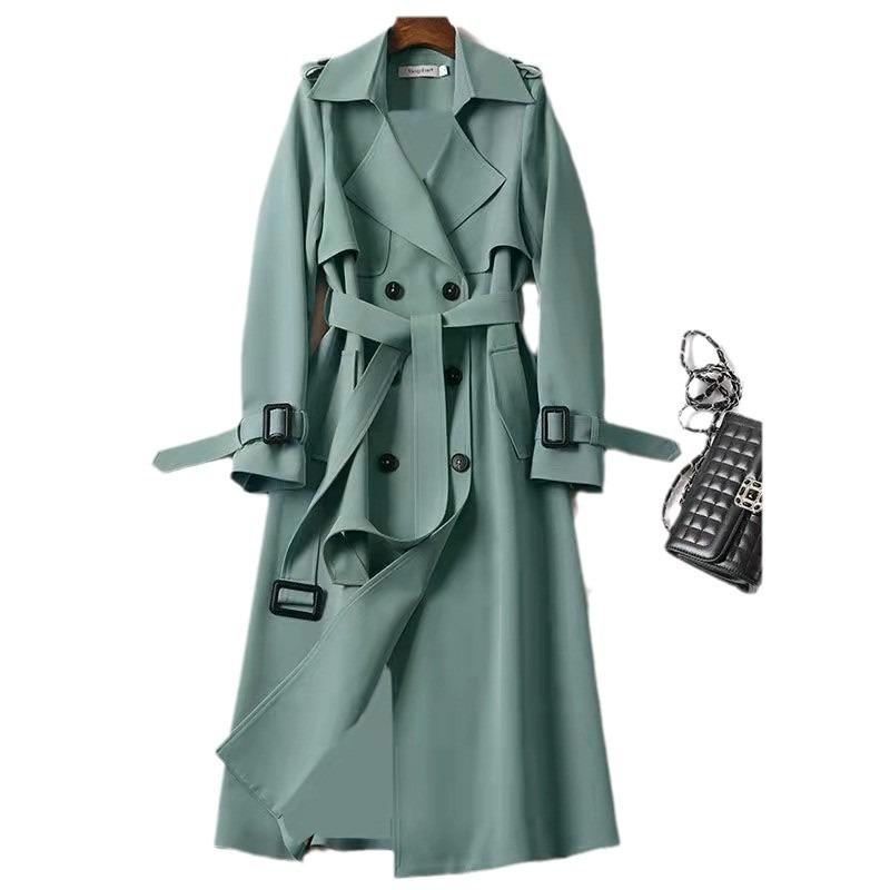 Women Mid Length British Style Plaid Trench Coat Long Sleeve Casual Outerwear