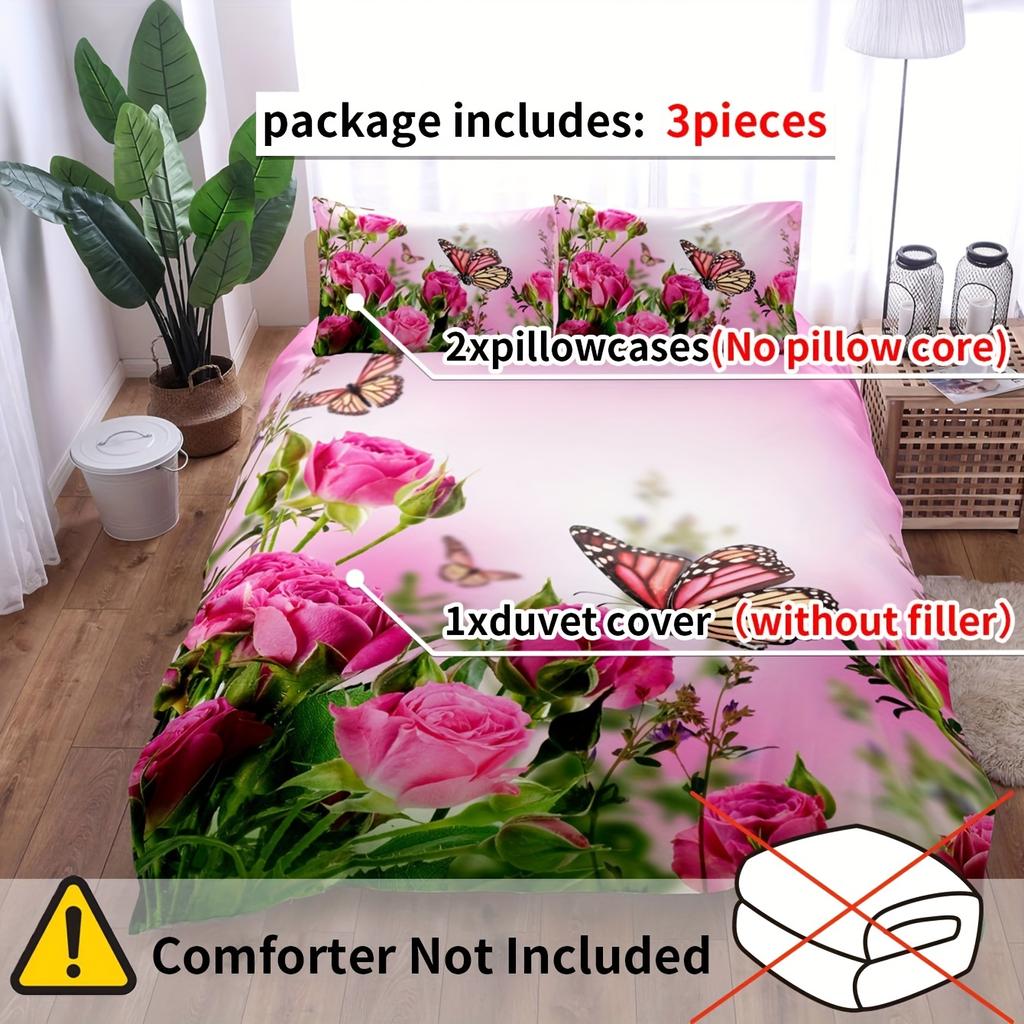 3-Piece Luxurious Pink Rose Butterfly Digital Print Duvet Cover Set - Ultra Soft, Comfortable, and Vibrant Design for Bedroom