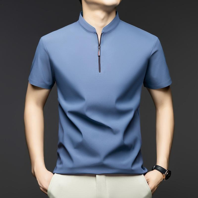 Men's Casual Fashion Solid Color Short Sleeved Polo Shirt Stand Up Collar Versatile Comfortable Top
