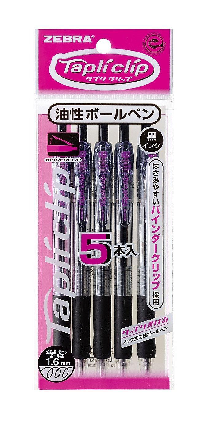 Zebra TapliClip Ballpoint 5 Oil-Based Pen, 1.6mm, Black, Pens, P-BNU5-BK5 чёрный